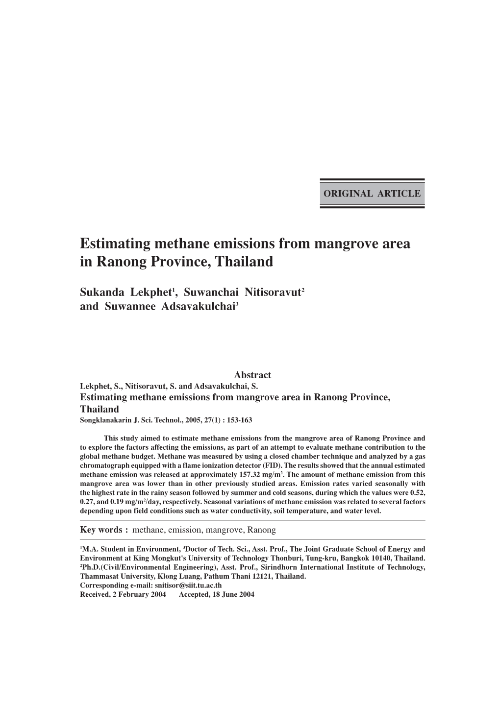 Estimating Methane Emissions from Mangrove Area in Ranong Province, Thailand