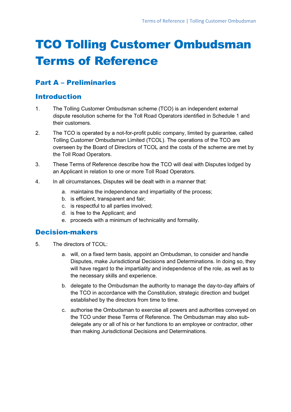 Terms of Reference | Tolling Customer Ombudsman