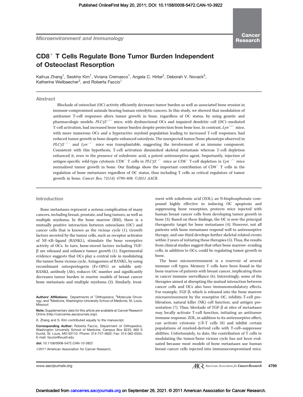 CD8 T Cells Regulate Bone Tumor Burden Independent of Osteoclast