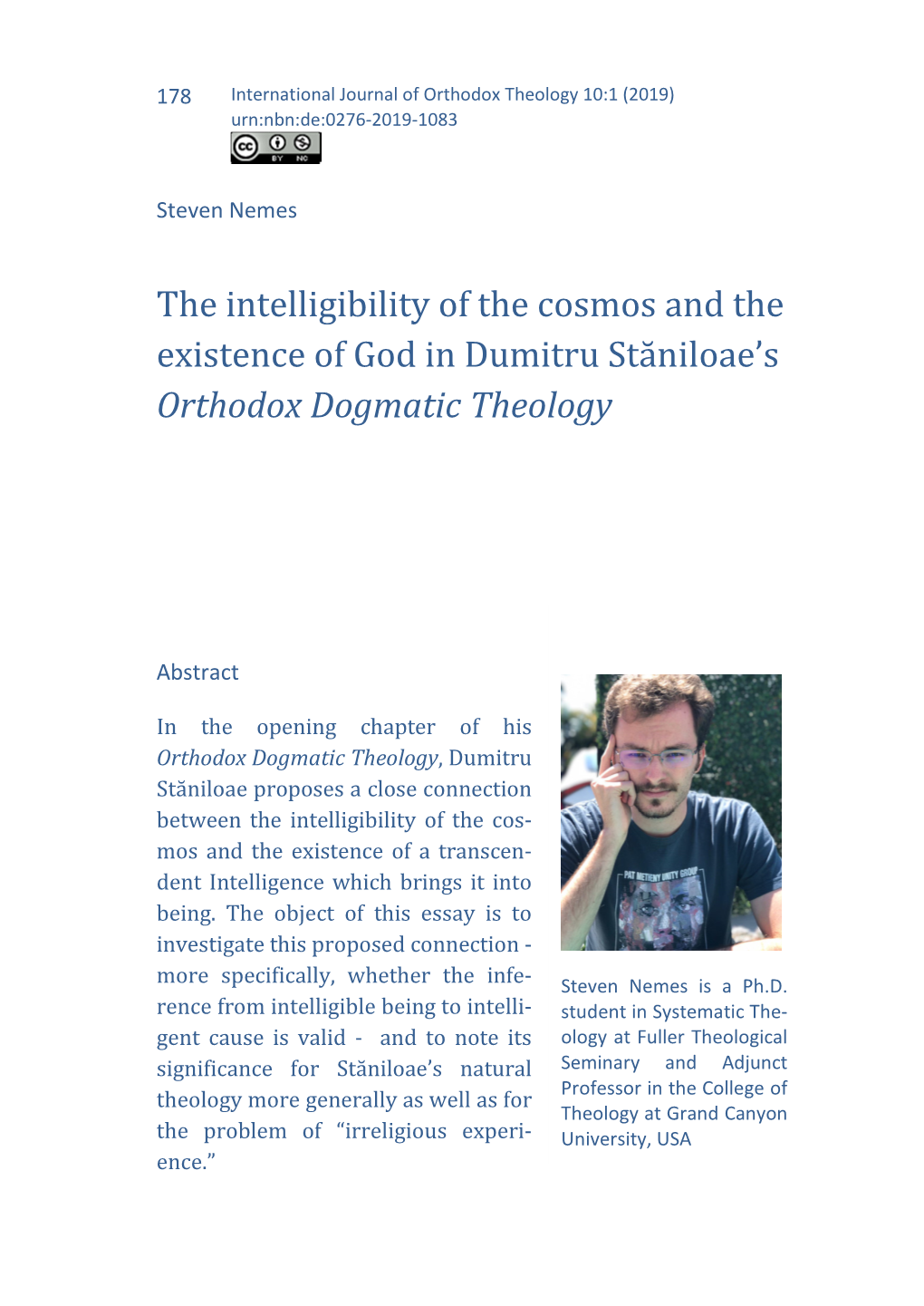 The Intelligibility of the Cosmos and the Existence of God in Dumitru Stăniloae’S Orthodox Dogmatic Theology