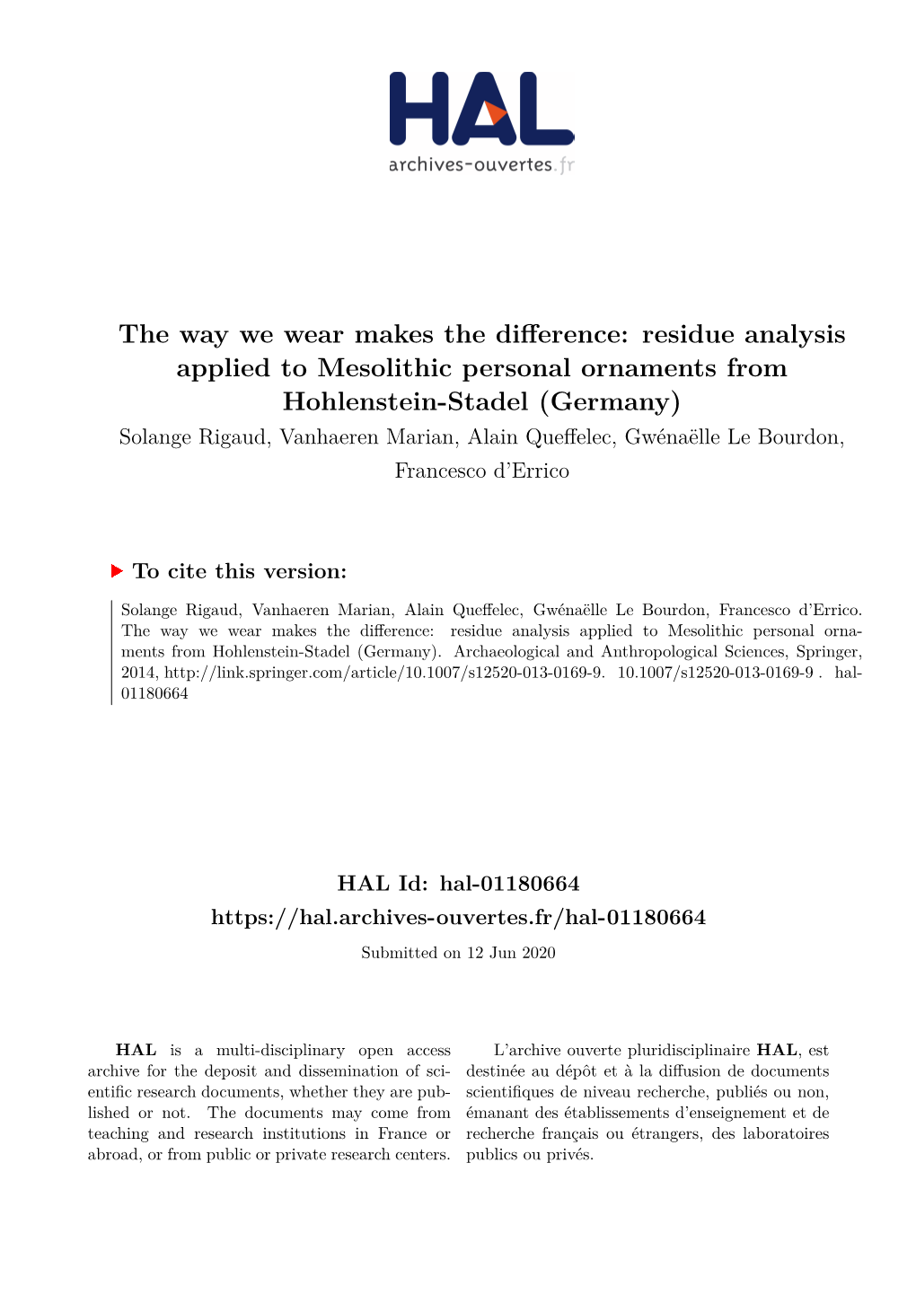 Residue Analysis Applied to Mesolithic Personal Ornaments From