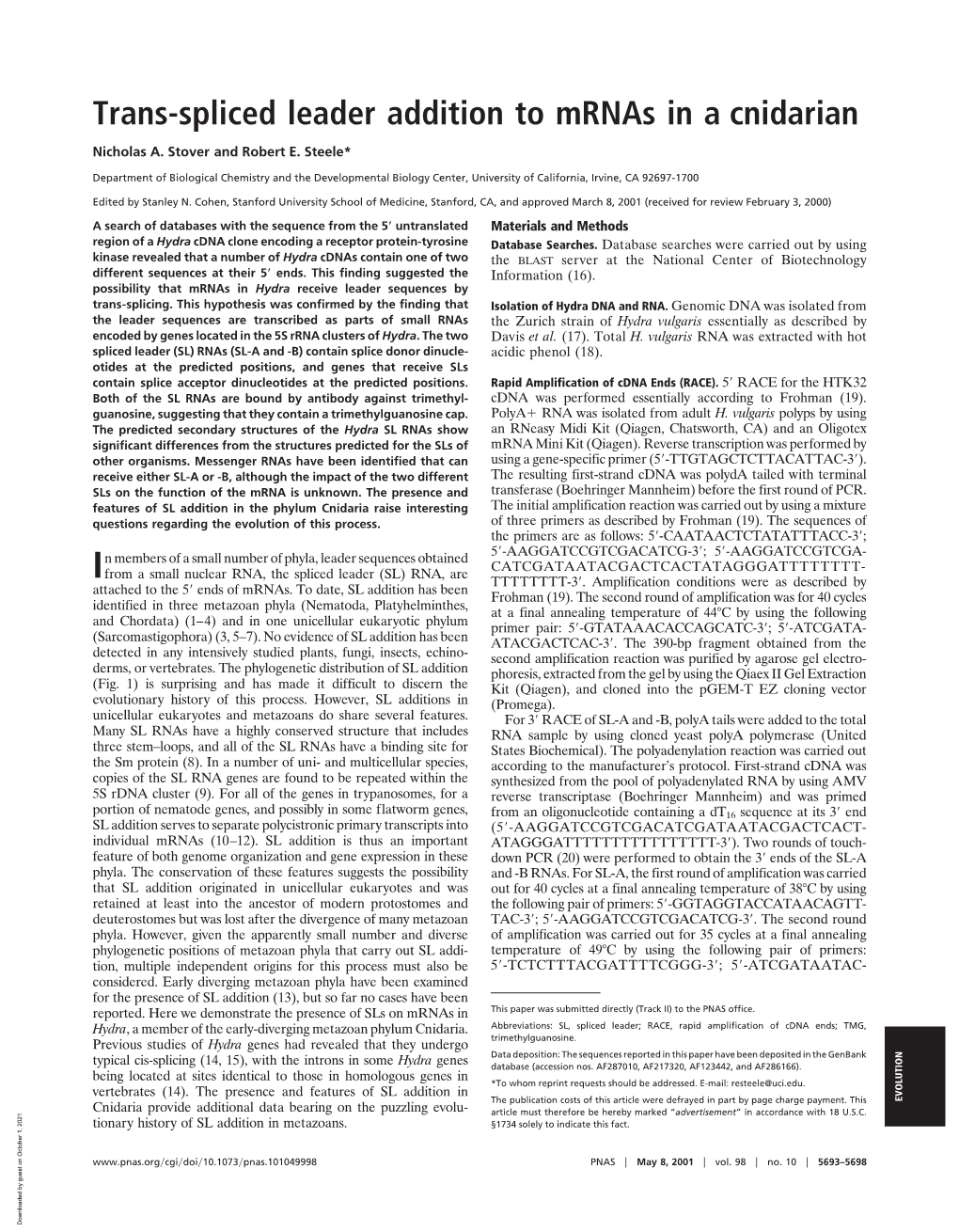 Trans-Spliced Leader Addition to Mrnas in a Cnidarian