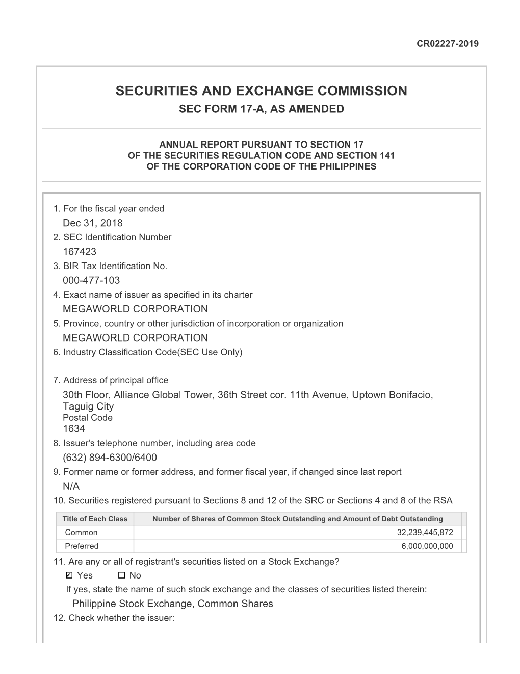 Securities and Exchange Commission Sec Form 17-A, As Amended