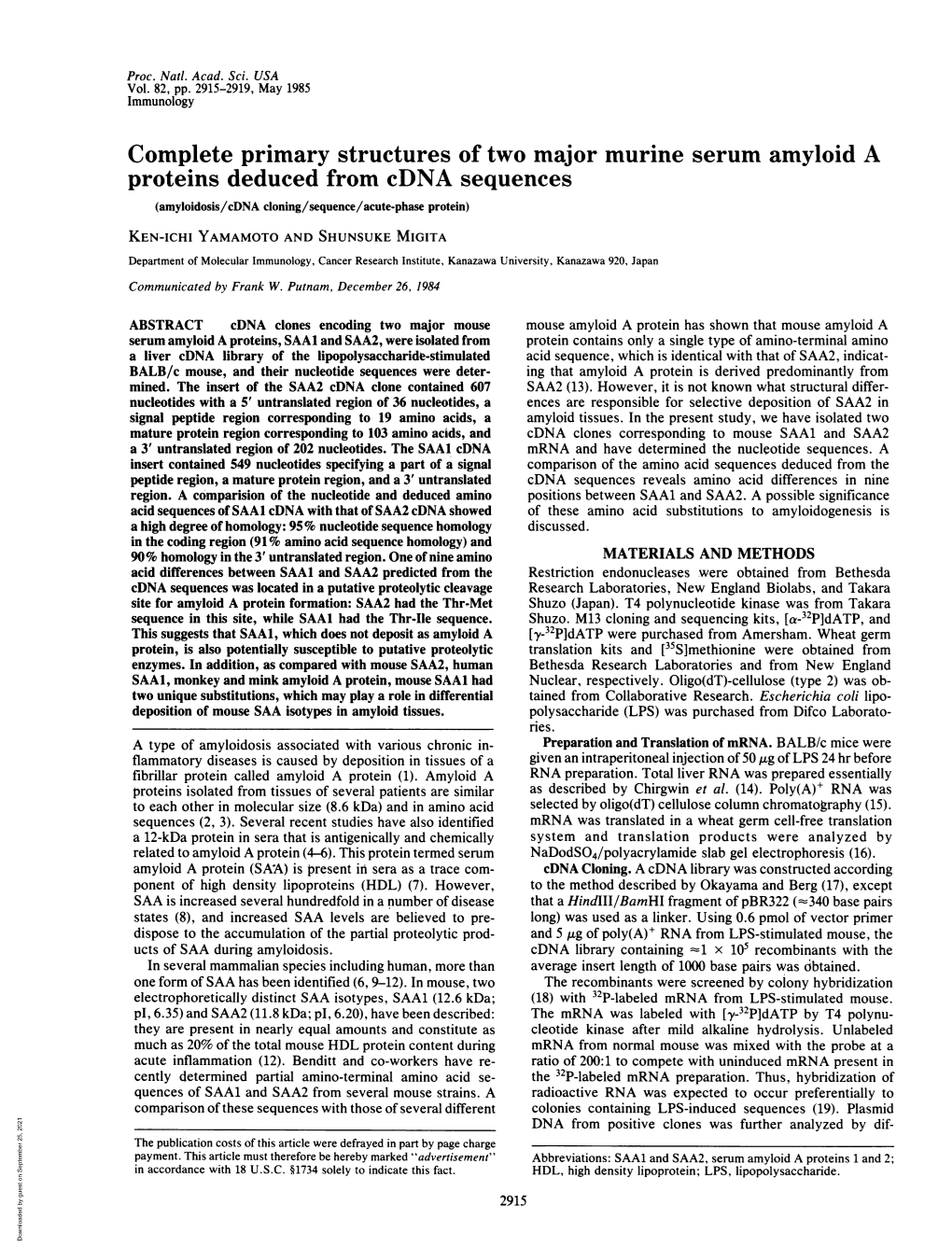 Complete Primary Structures of Two Major Murine Serum Amyloid A