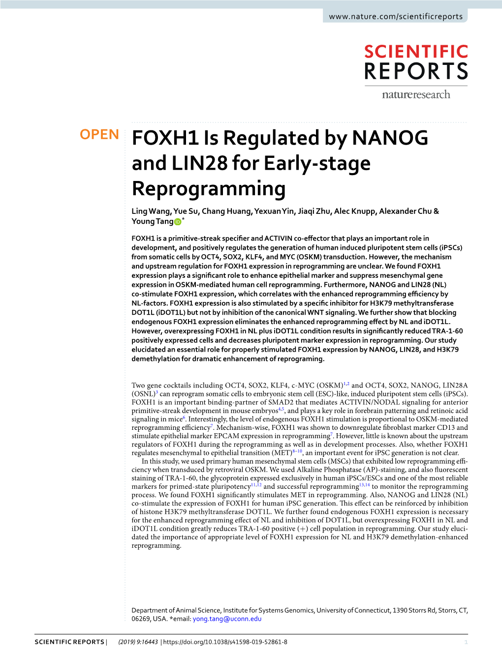 FOXH1 Is Regulated by NANOG and LIN28 for Early-Stage Reprogramming Ling Wang, Yue Su, Chang Huang, Yexuan Yin, Jiaqi Zhu, Alec Knupp, Alexander Chu & Young Tang *