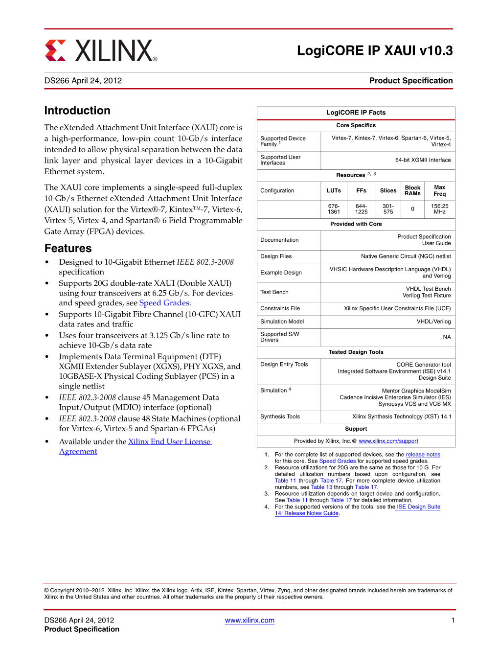 Xilinx DS266 Logicore IP XAUI V10.3, Data Sheet