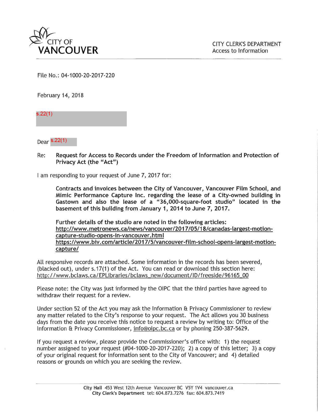 FOI Contracts and Invoices Between COV, Vancouver Film School And