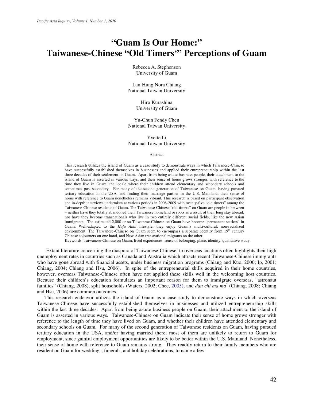 “Guam Is Our Home:” Taiwanese-Chinese “Old Timers ’” Perceptions of Guam