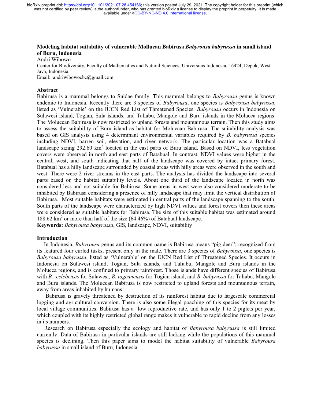 Modeling Habitat Suitability of Vulnerable Mollucan Babirusa Babyrousa Babyrussa in Small Island of Buru, Indonesia