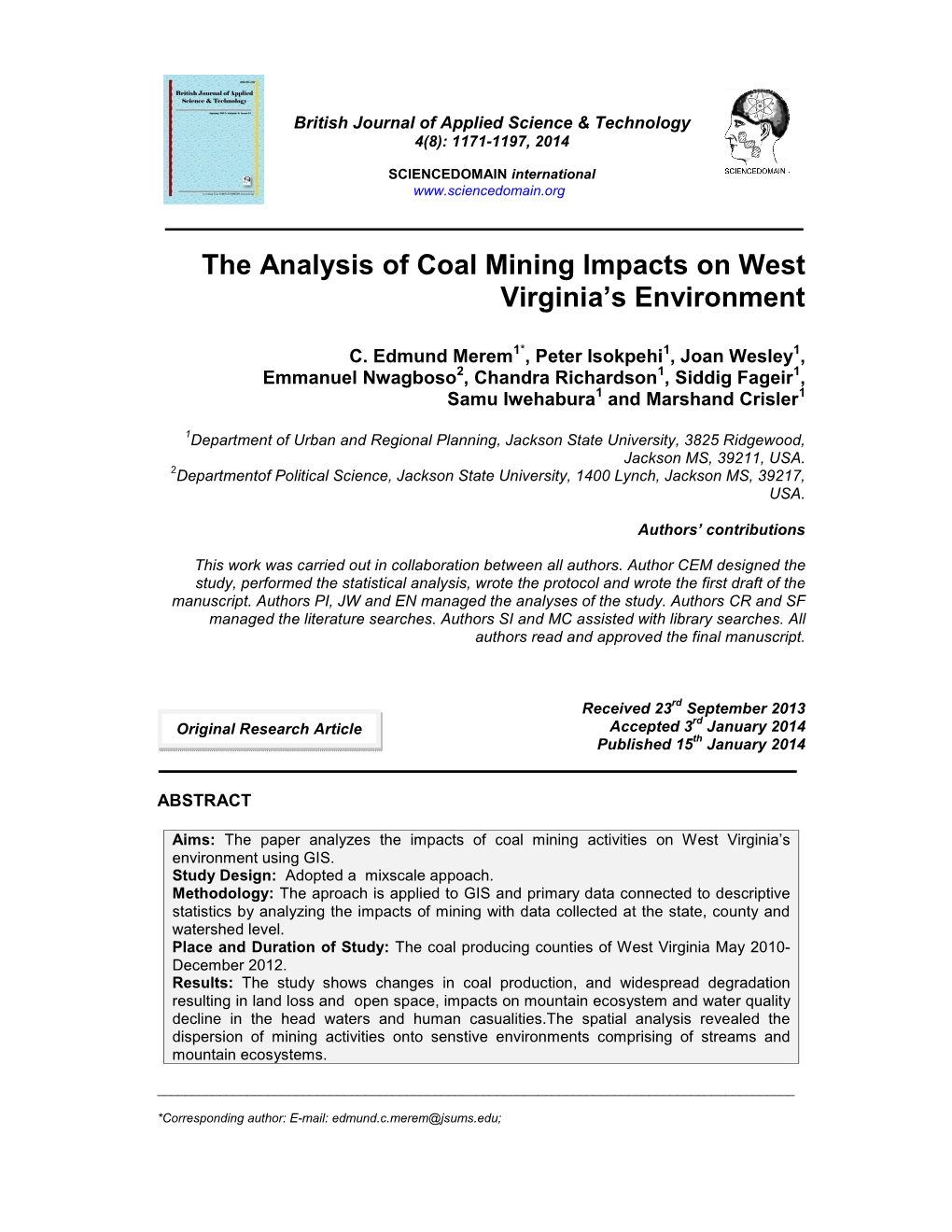 The Analysis of Coal Mining Impacts on West Virginia's Environment