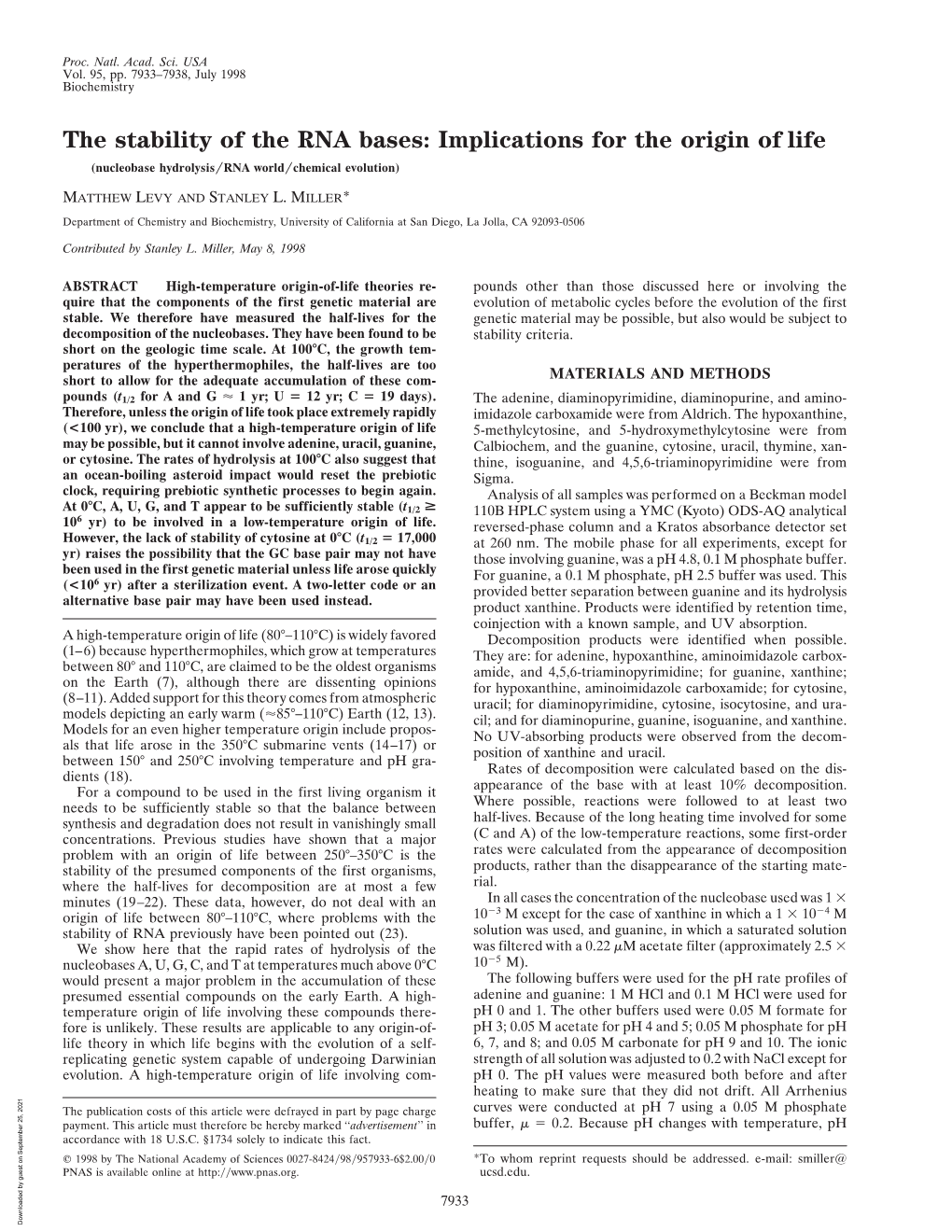 The Stability of the RNA Bases: Implications for the Origin of Life (Nucleobase Hydrolysis͞rna World͞chemical Evolution)