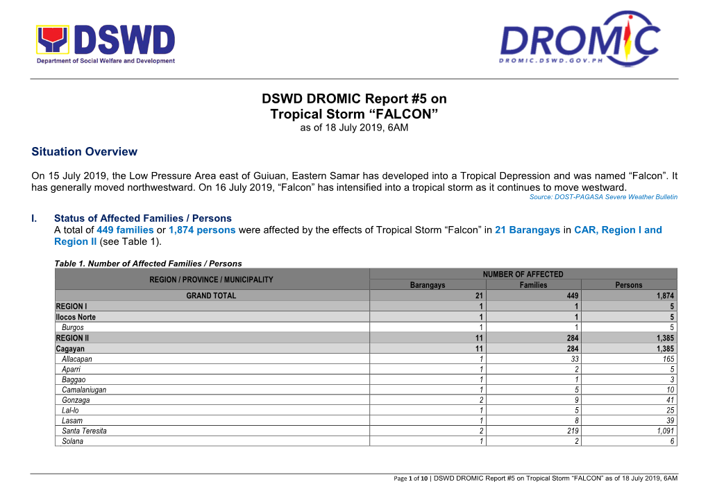 DSWD DROMIC Report #5 on Tropical Storm “FALCON” As of 18 July 2019, 6AM