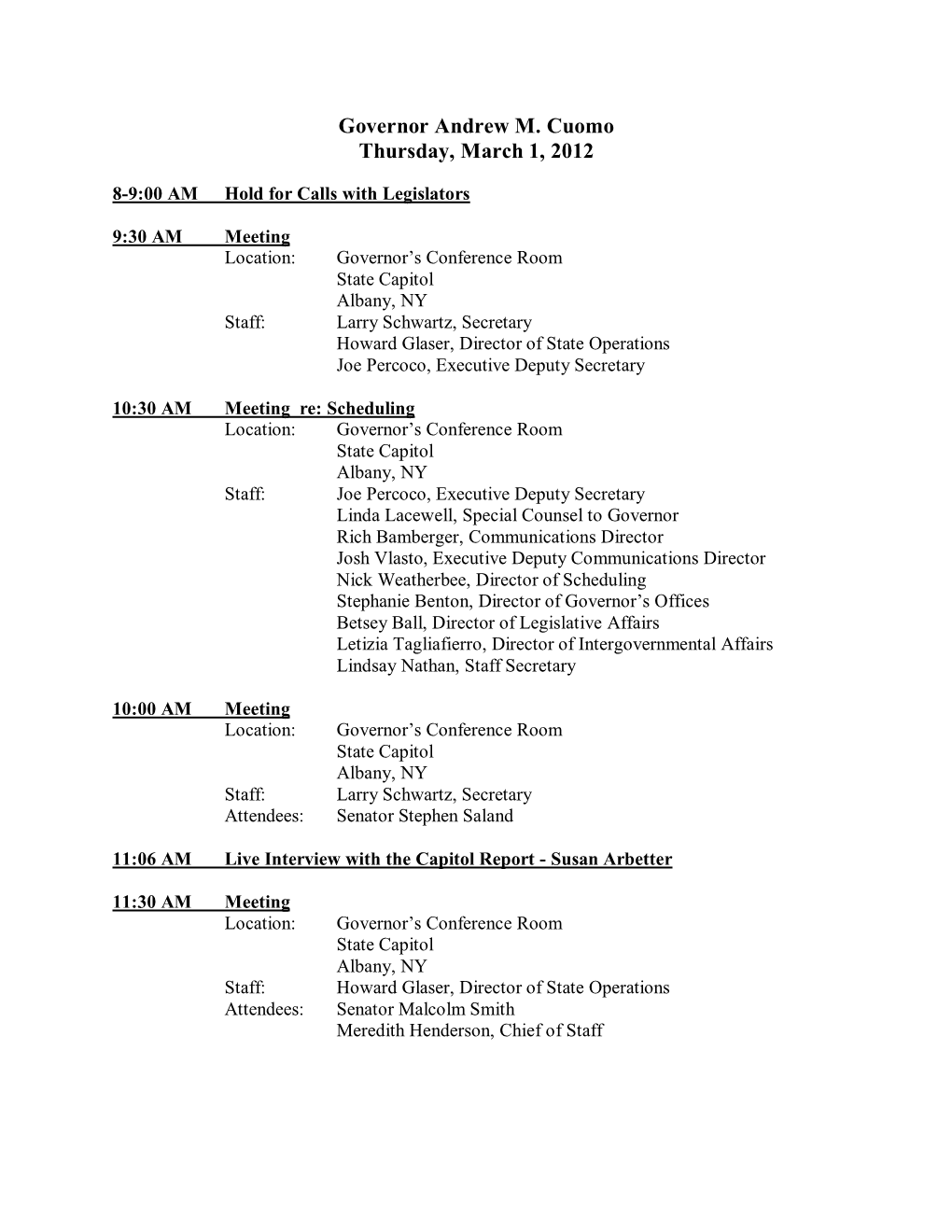 Governor Andrew M. Cuomo Thursday, March 1, 2012