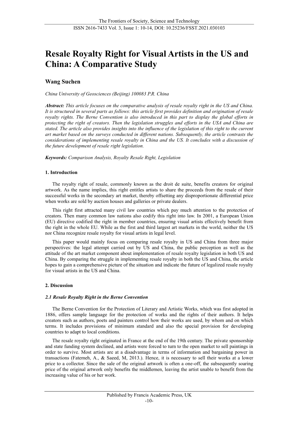 Resale Royalty Right for Visual Artists in the US and China: a Comparative Study