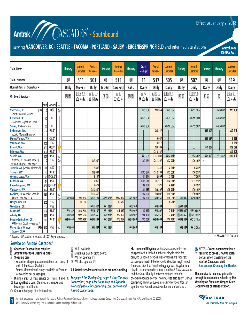 SCHEDULES EFFECTIVE 1/2/18 Service on Amtrak Cascades®