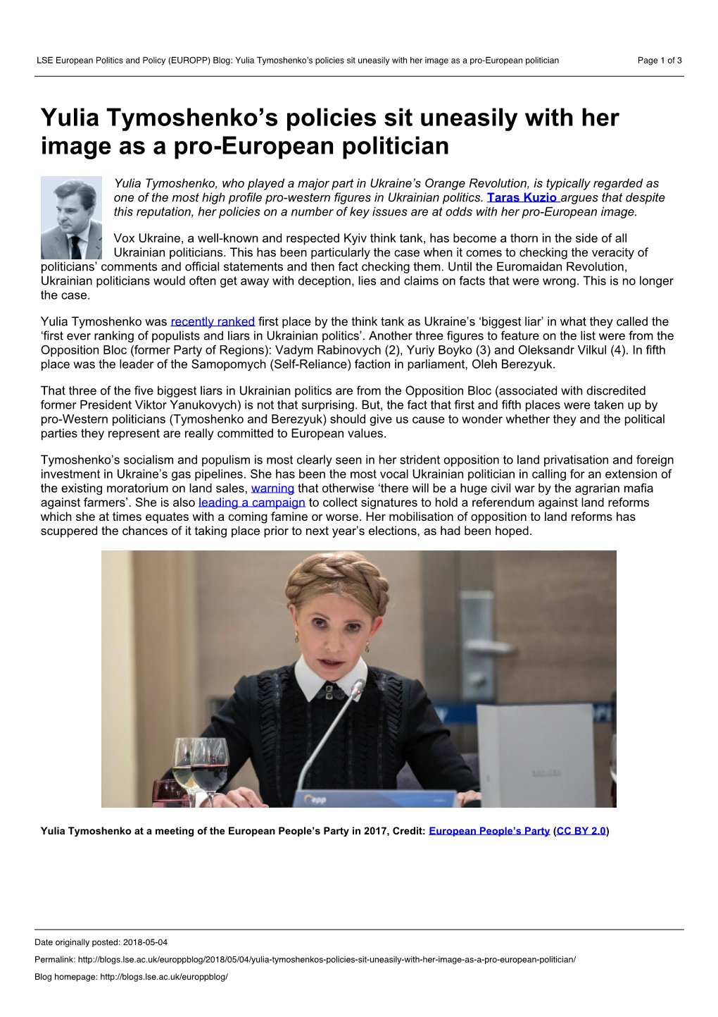 Blog: Yulia Tymoshenko's Policies Sit Uneasily with Her Image As a Pro