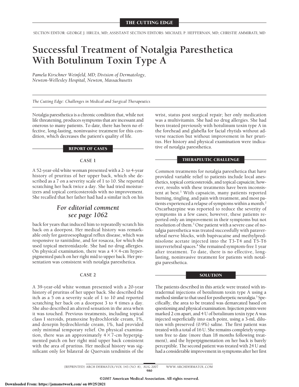 Successful Treatment of Notalgia Paresthetica with Botulinum Toxin Type A