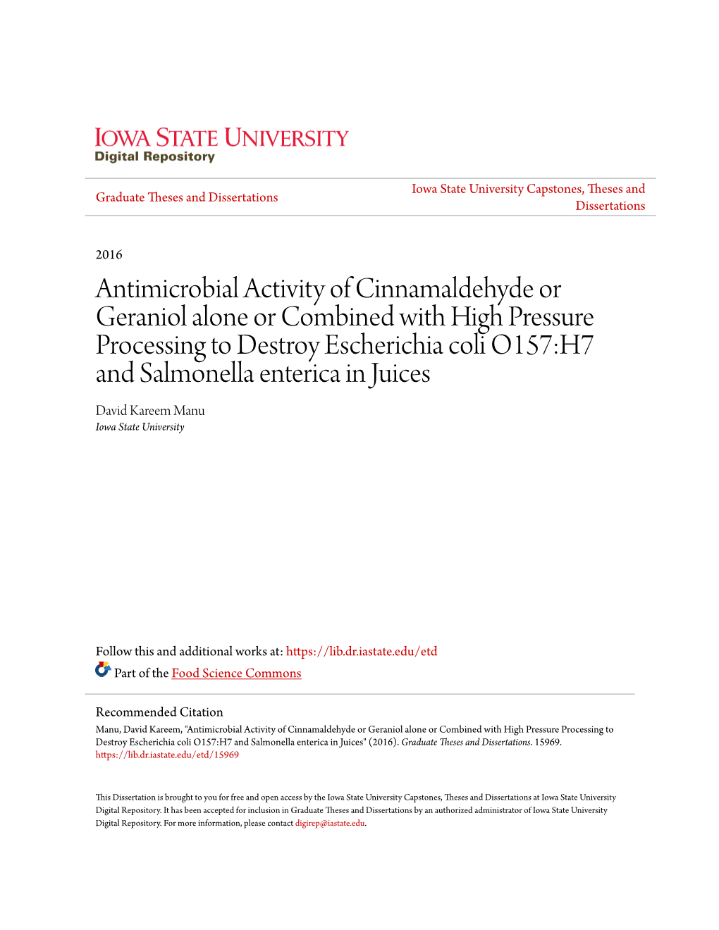 Antimicrobial Activity of Cinnamaldehyde Or Geraniol Alone