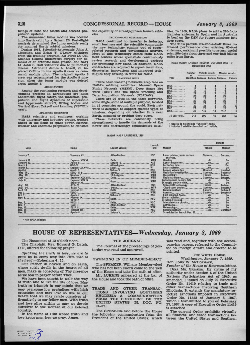 HOUSE of REPRESENTATIVES-Wednesday, January 8, 1969 the House Met at 12 O'clock Noon