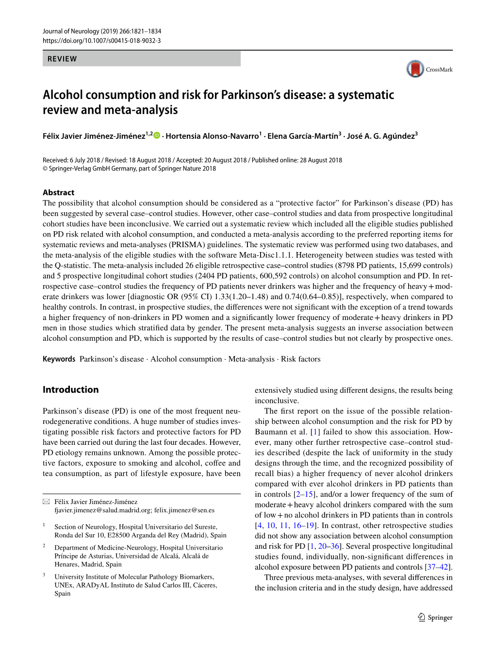 Alcohol Consumption and Risk for Parkinson's Disease: a Systematic Review and Meta-Analysis