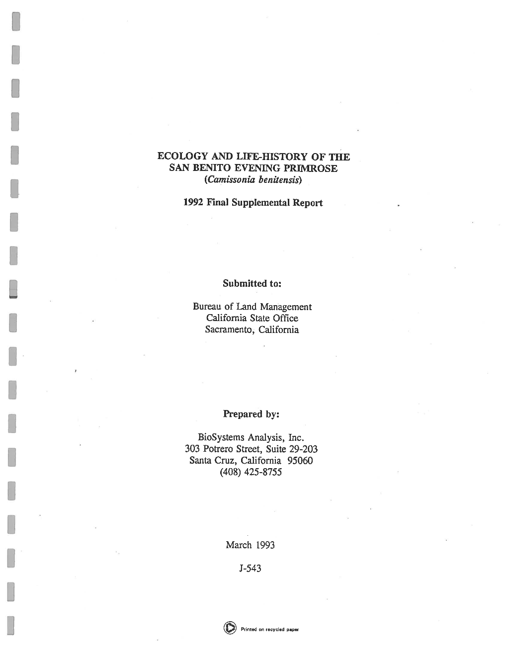 (Camissonia Benüensis) 1992 Final Supplemental Report Submitted To