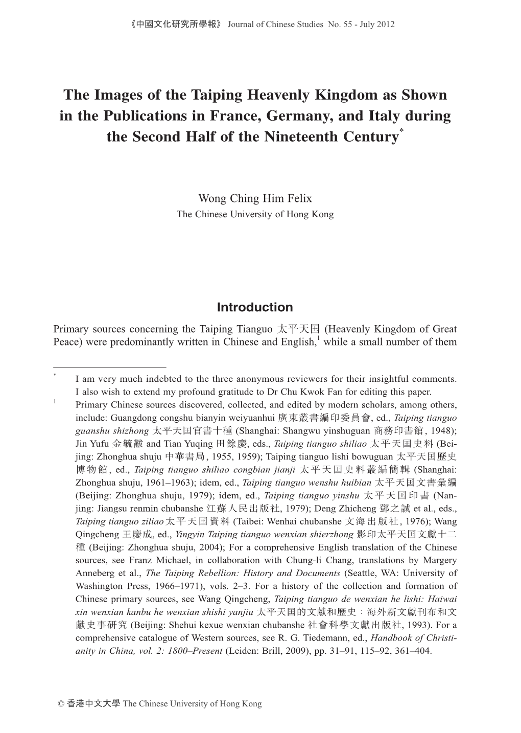 The Images of the Taiping Heavenly Kingdom As Shown in the Publications in France, Germany, and Italy During the Second Half of the Nineteenth Century*