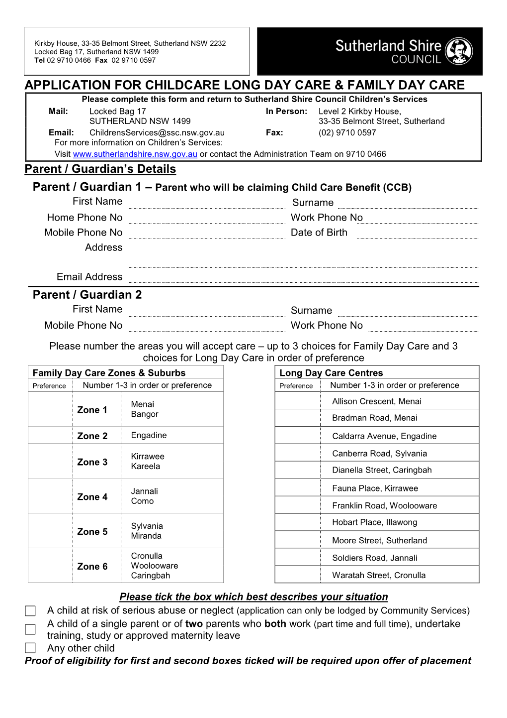Application for Childcare Long Day Care & Family Day