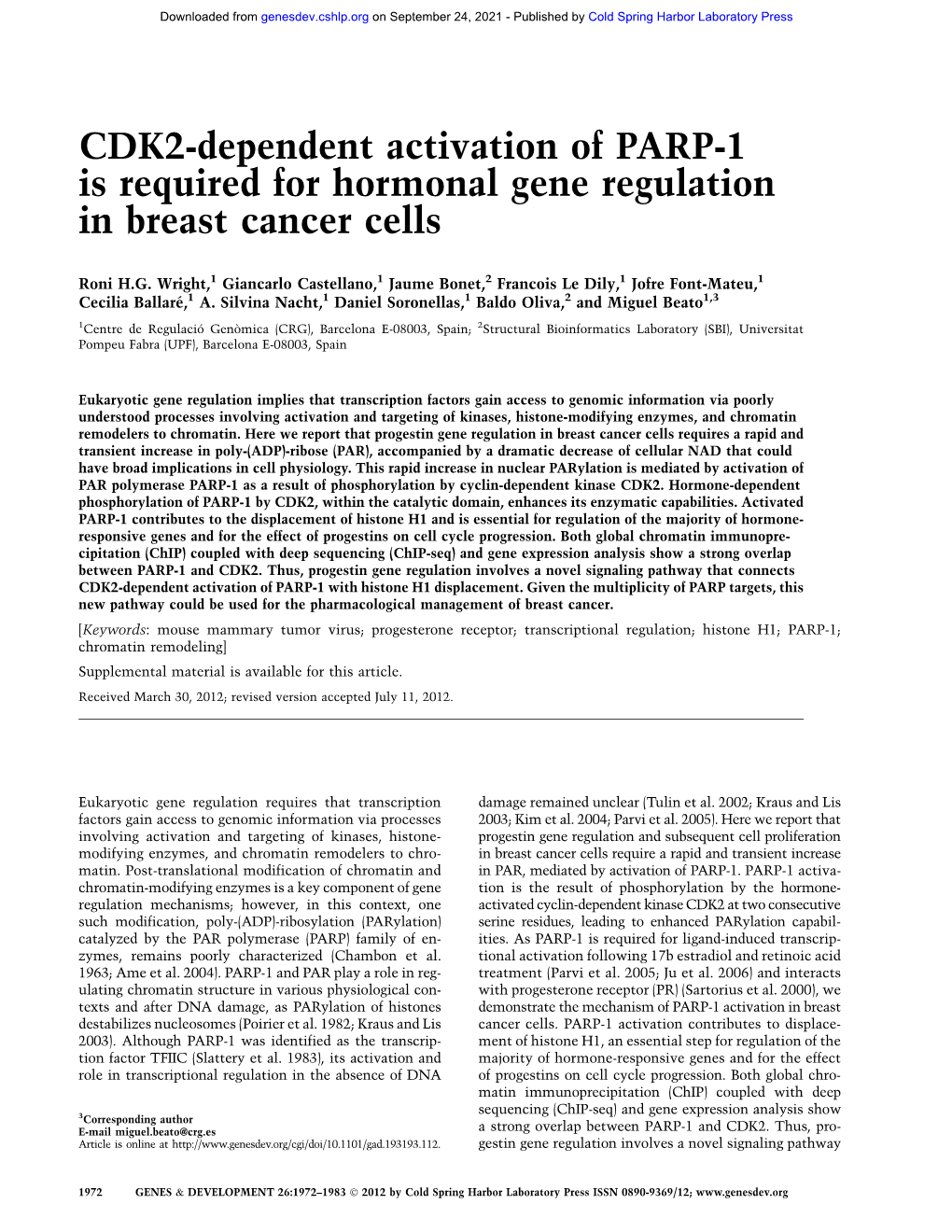 CDK2-Dependent Activation of PARP-1 Is Required for Hormonal Gene Regulation in Breast Cancer Cells