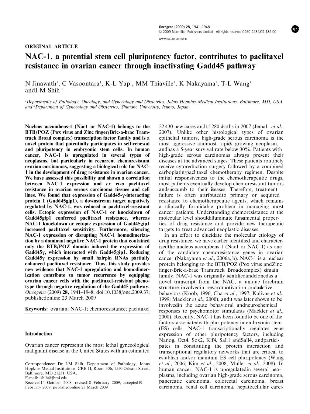 NAC-1, a Potential Stem Cell Pluripotency Factor, Contributes to Paclitaxel Resistance in Ovarian Cancer Through Inactivating Gadd45 Pathway