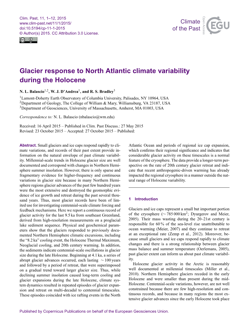 Glacier Response to North Atlantic Climate Variability During the Holocene