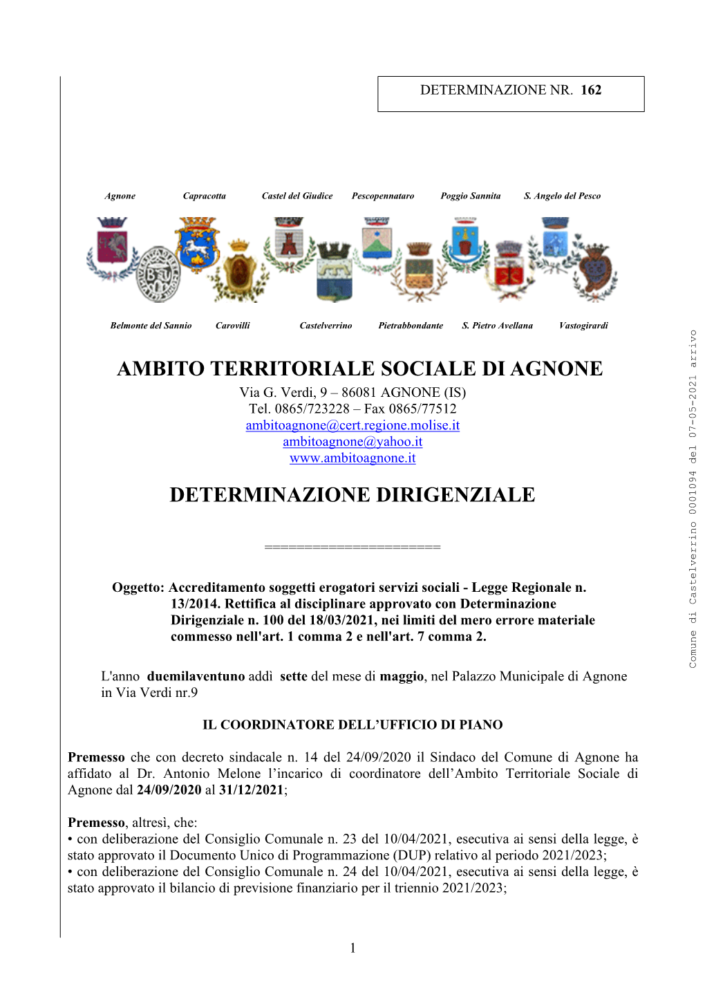 Determinazione Dirigenziale N. 162 Del 07 05 2021