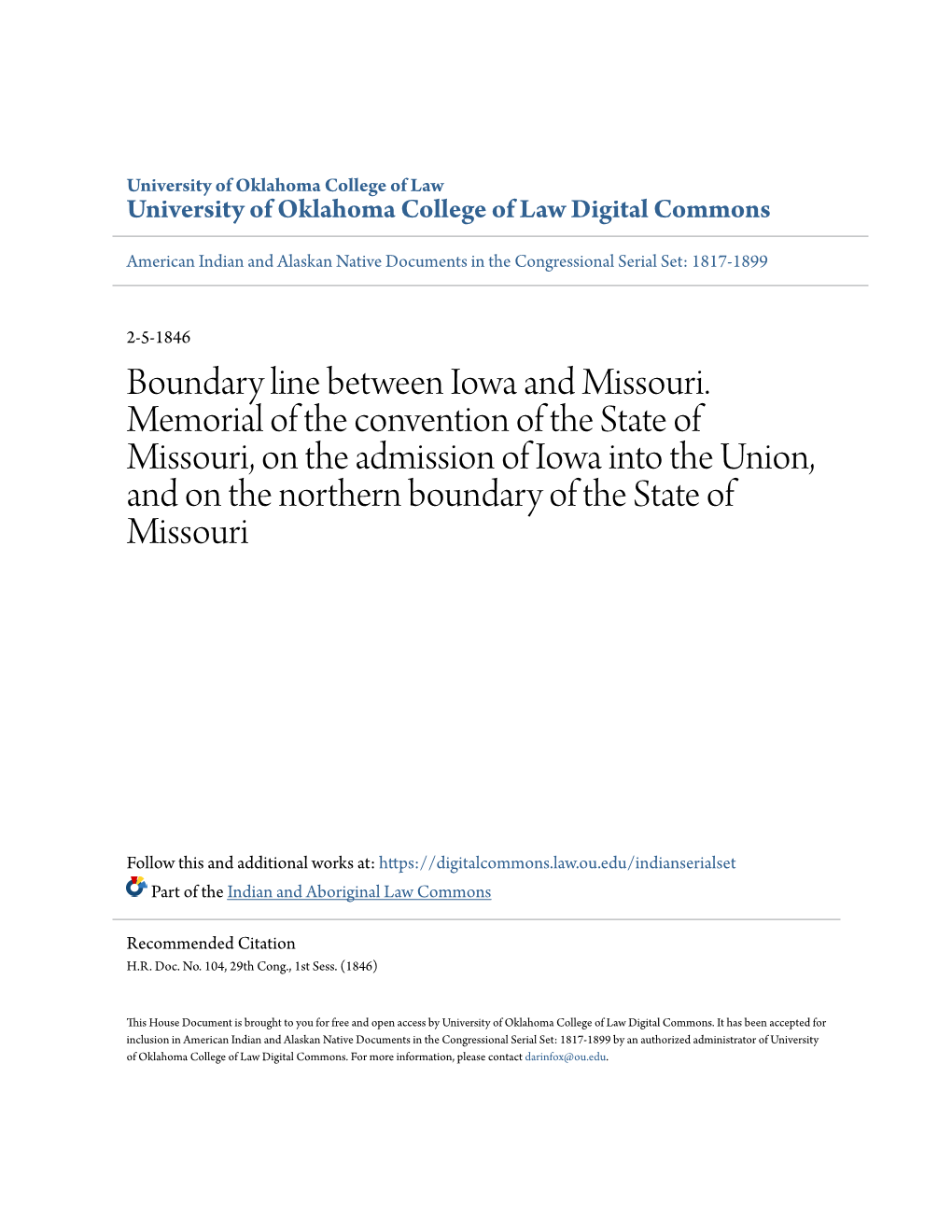 Boundary Line Between Iowa and Missouri. Memorial of the Convention of the State of Missouri, on the Admission of Iowa Into