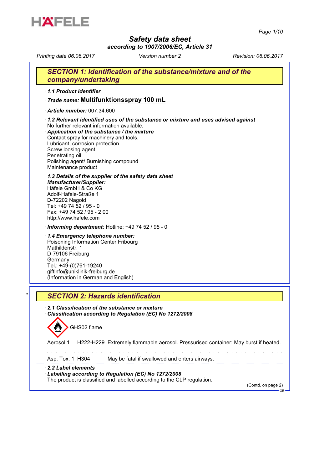 Safety Data Sheet According to 1907/2006/EC, Article 31 Printing Date 06.06.2017 Version Number 2 Revision: 06.06.2017