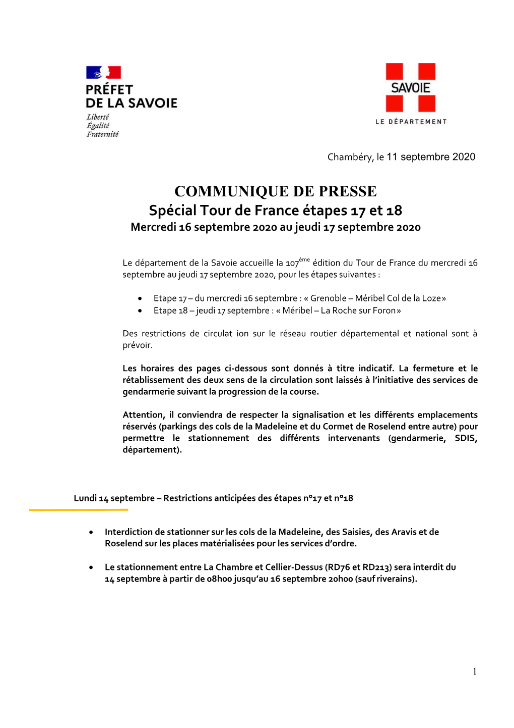 COMMUNIQUE DE PRESSE Spécial Tour De France Étapes 17 Et 18 Mercredi 16 Septembre 2020 Au Jeudi 17 Septembre 2020