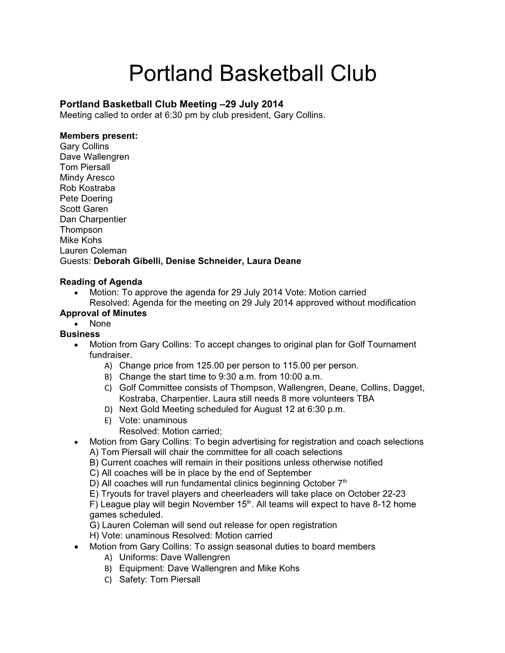 Portland Basketball Club Meeting 29 July 2014