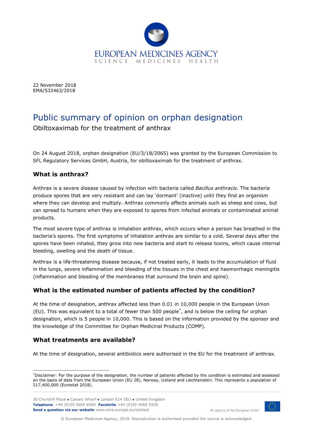 Public Summary of Opinion on Orphan Designation Obiltoxaximab for the Treatment of Anthrax