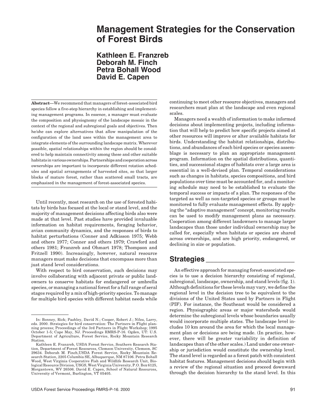 Management Strategies for the Conservation of Forest Birds