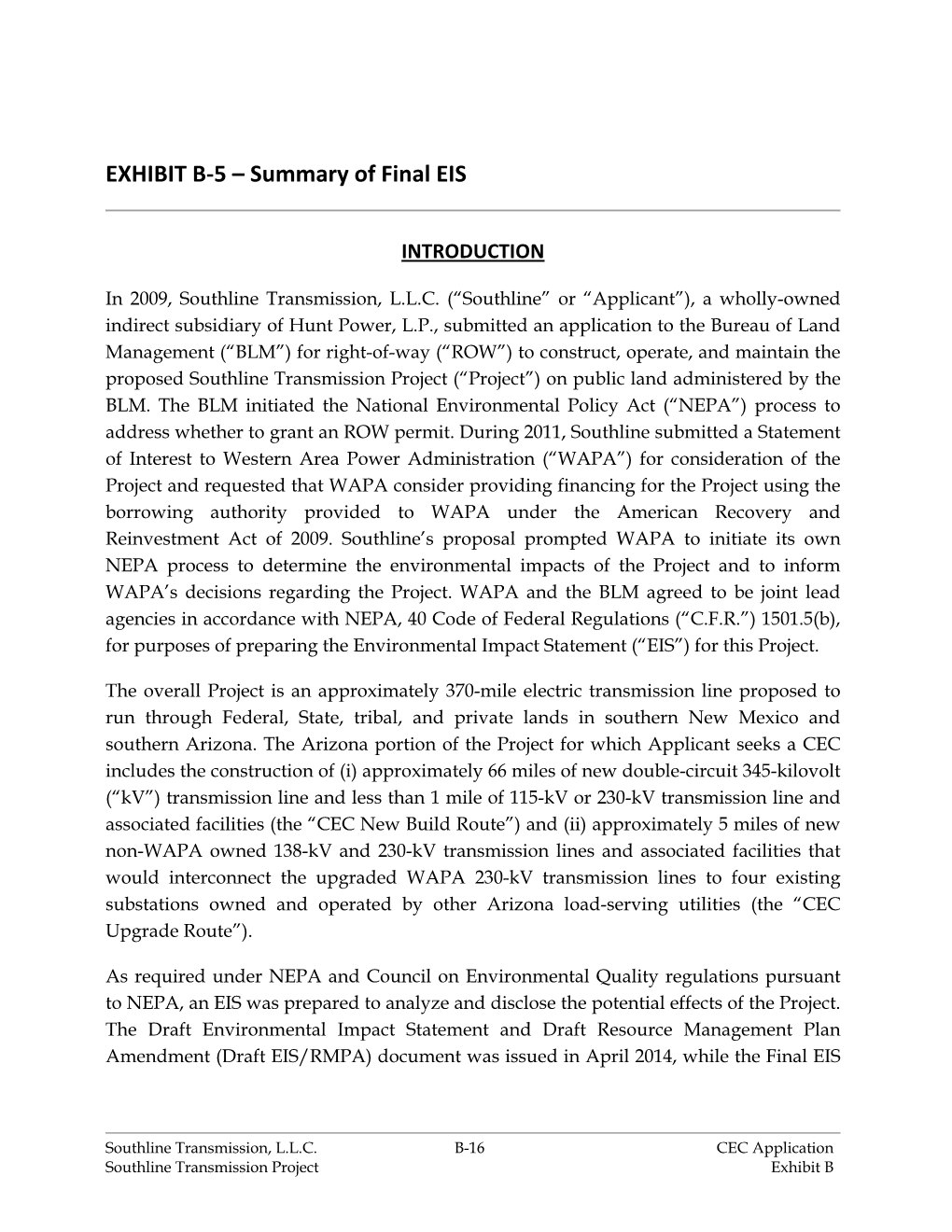 EXHIBIT B‐5 – Summary of Final EIS