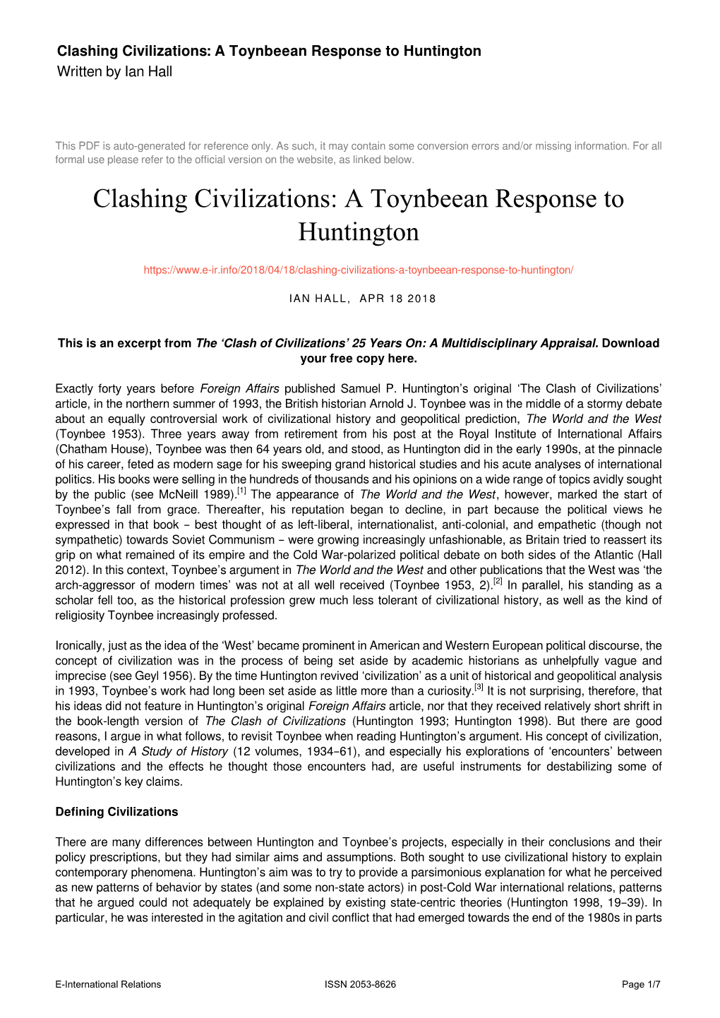 Clashing Civilizations: a Toynbeean Response to Huntington Written by Ian Hall