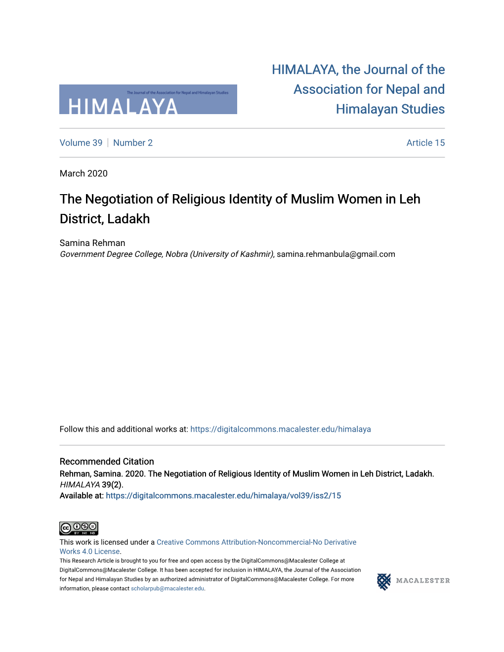 The Negotiation of Religious Identity of Muslim Women in Leh District, Ladakh