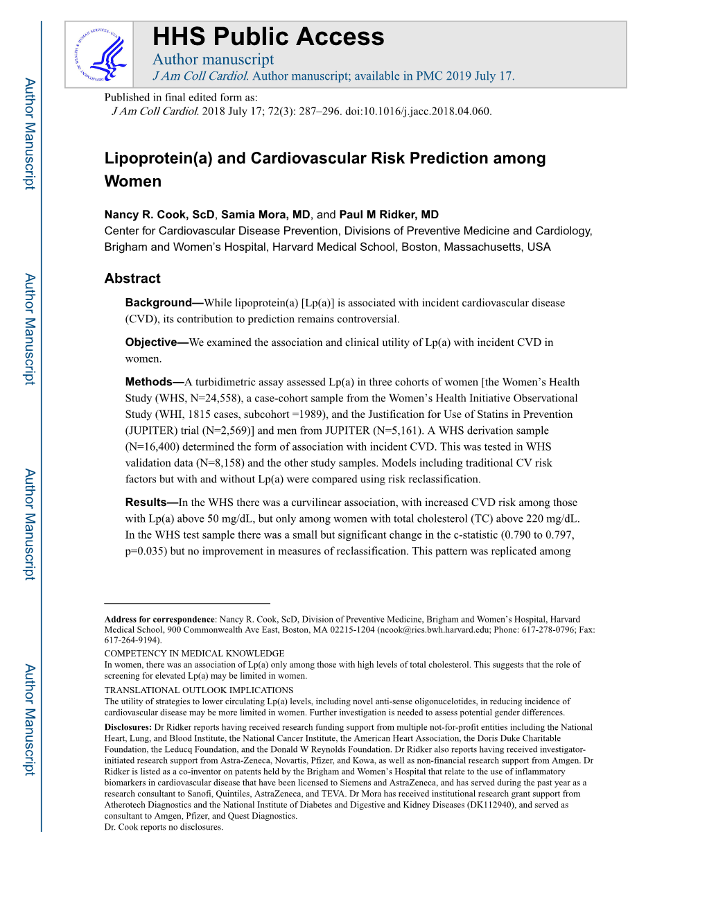 Lipoprotein(A) and Cardiovascular Risk Prediction Among Women