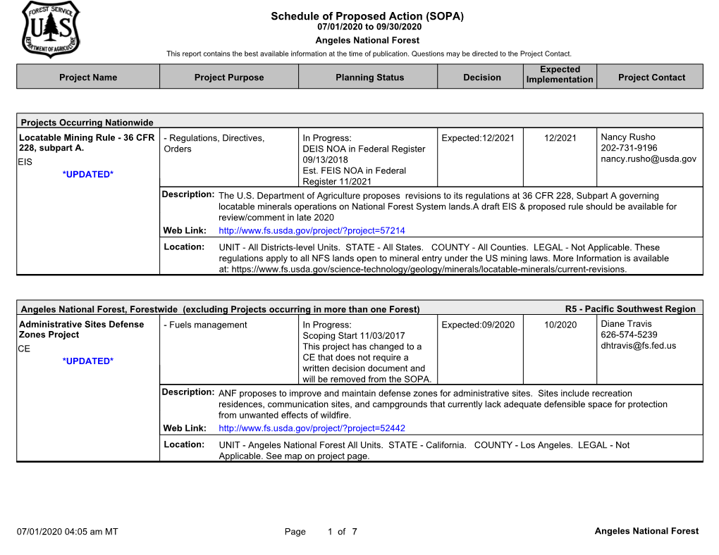 Schedule of Proposed Action (SOPA) 07/01/2020 to 09/30/2020 Angeles National Forest This Report Contains the Best Available Information at the Time of Publication