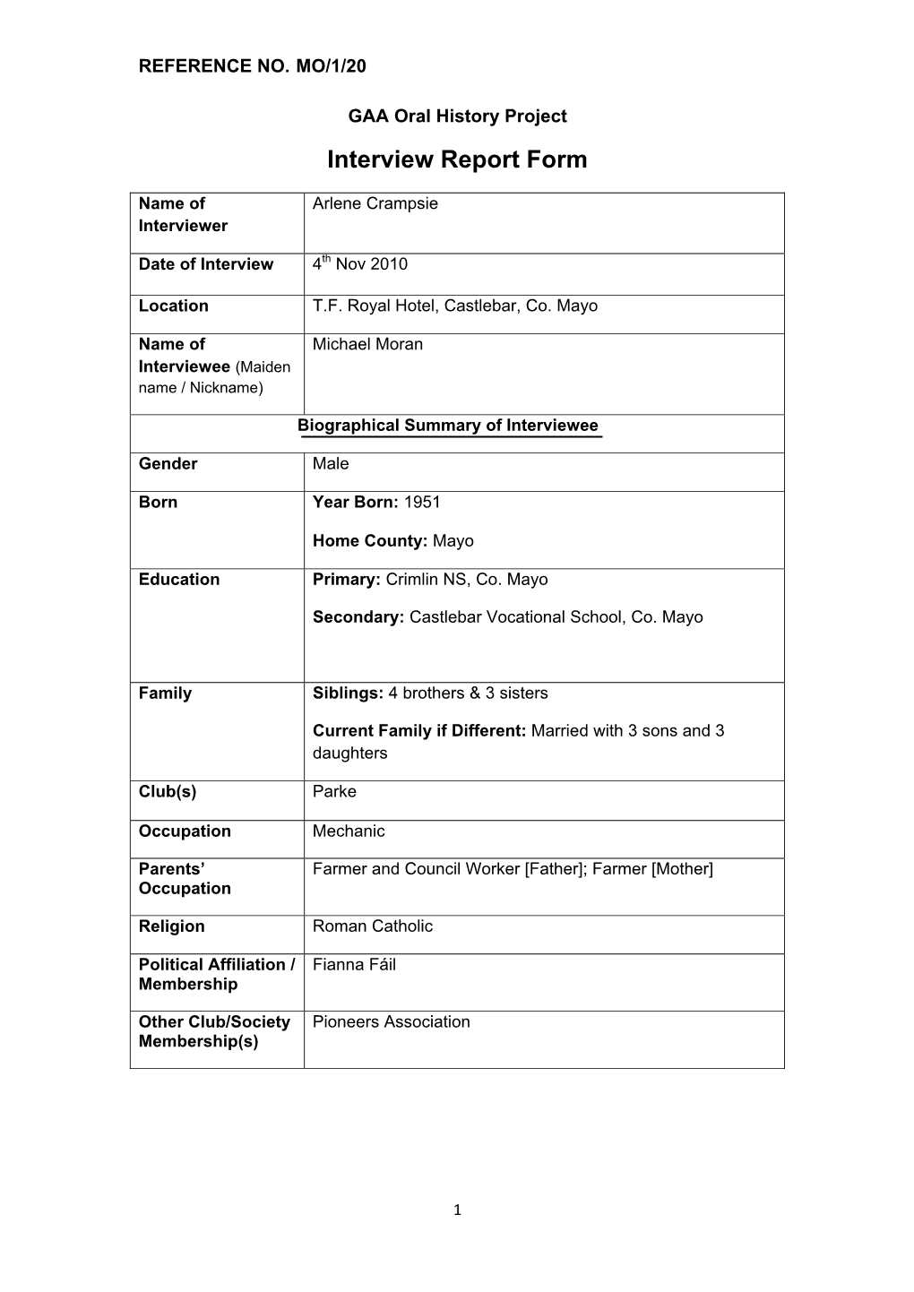 GAA Oral History Project Interview Report Form