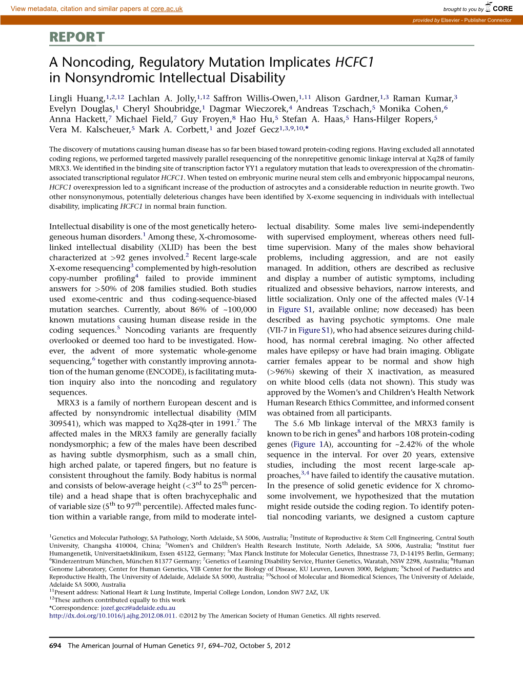 A Noncoding, Regulatory Mutation Implicates HCFC1 in Nonsyndromic Intellectual Disability