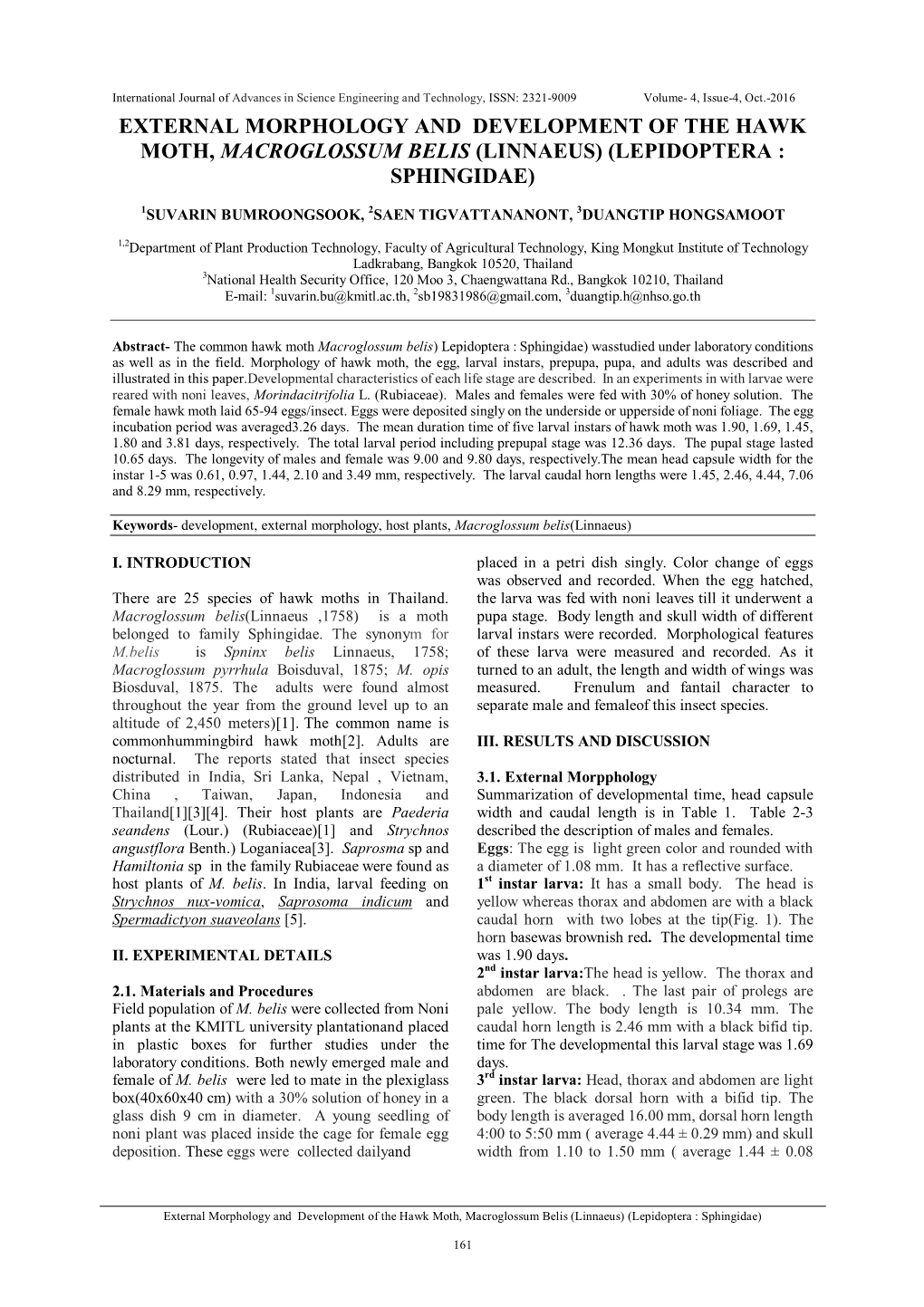 External Morphology and Development of the Hawk Moth, Macroglossum Belis (Linnaeus) (Lepidoptera : Sphingidae)