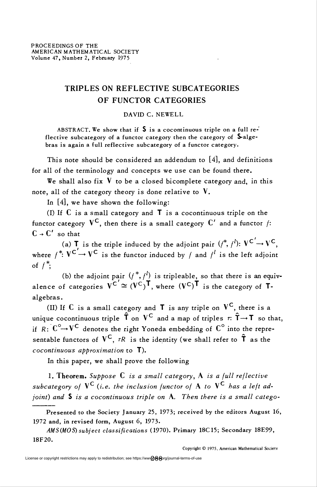 Triples on Reflective Subcategories of Functor Categories