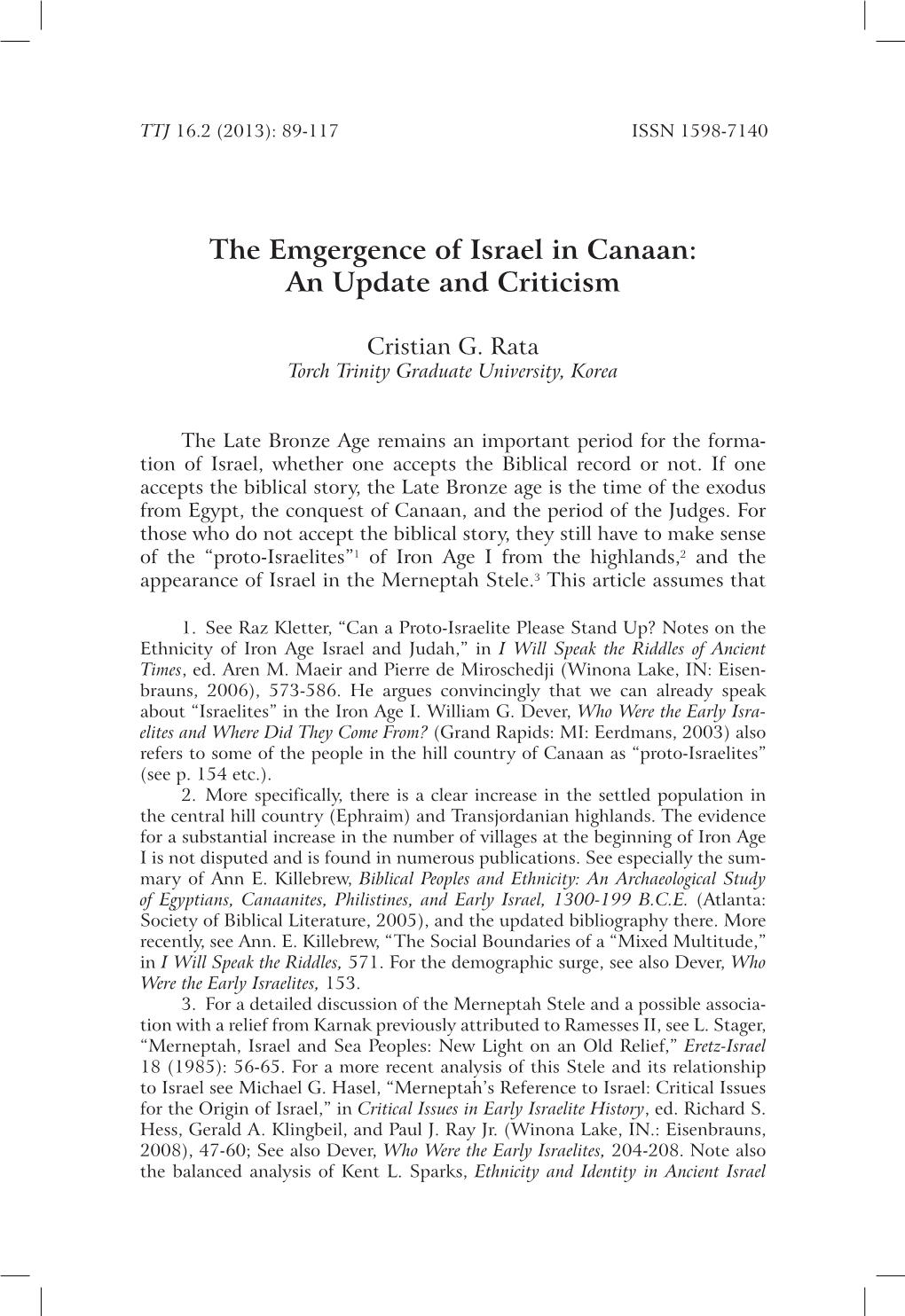 The Emgergence of Israel in Canaan: an Update and Criticism