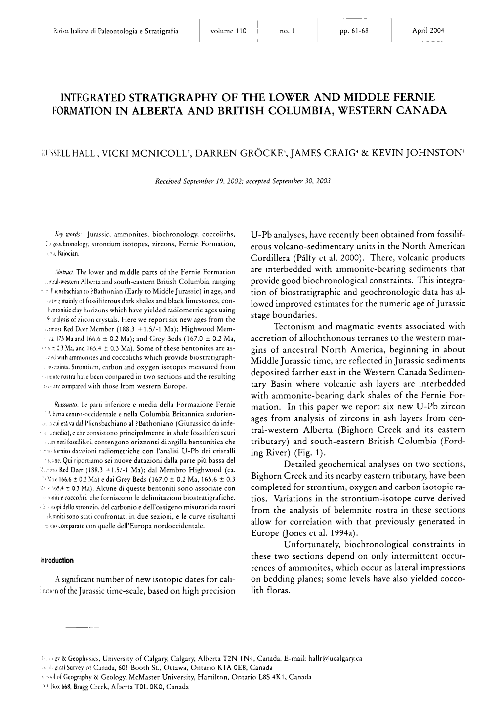 Integrated Stratigraphy of the Lower and Middle Fernie Formation in Alberta and British Columbia, Western Canada