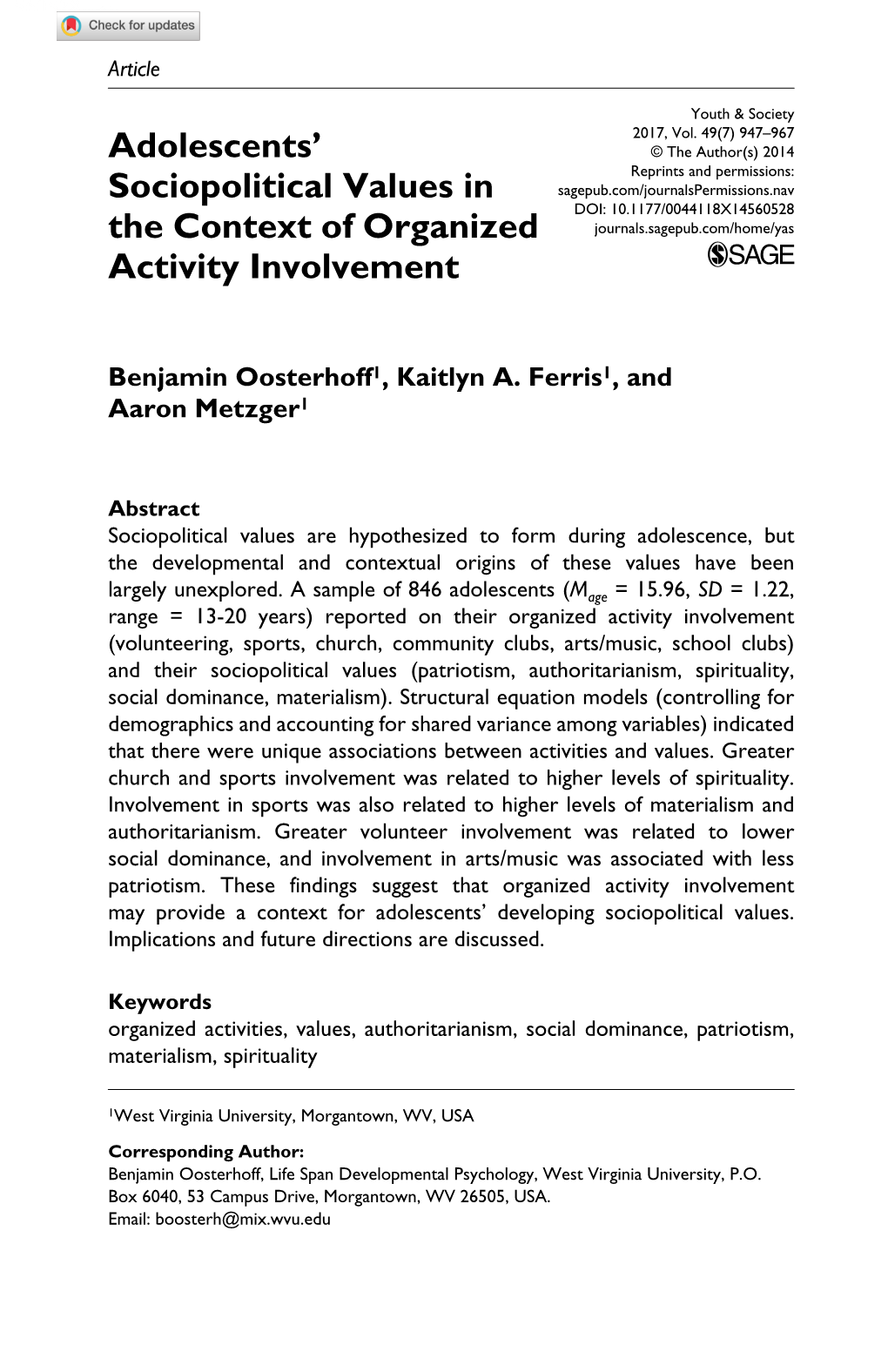 Adolescents' Sociopolitical Values in the Context of Organized Activity