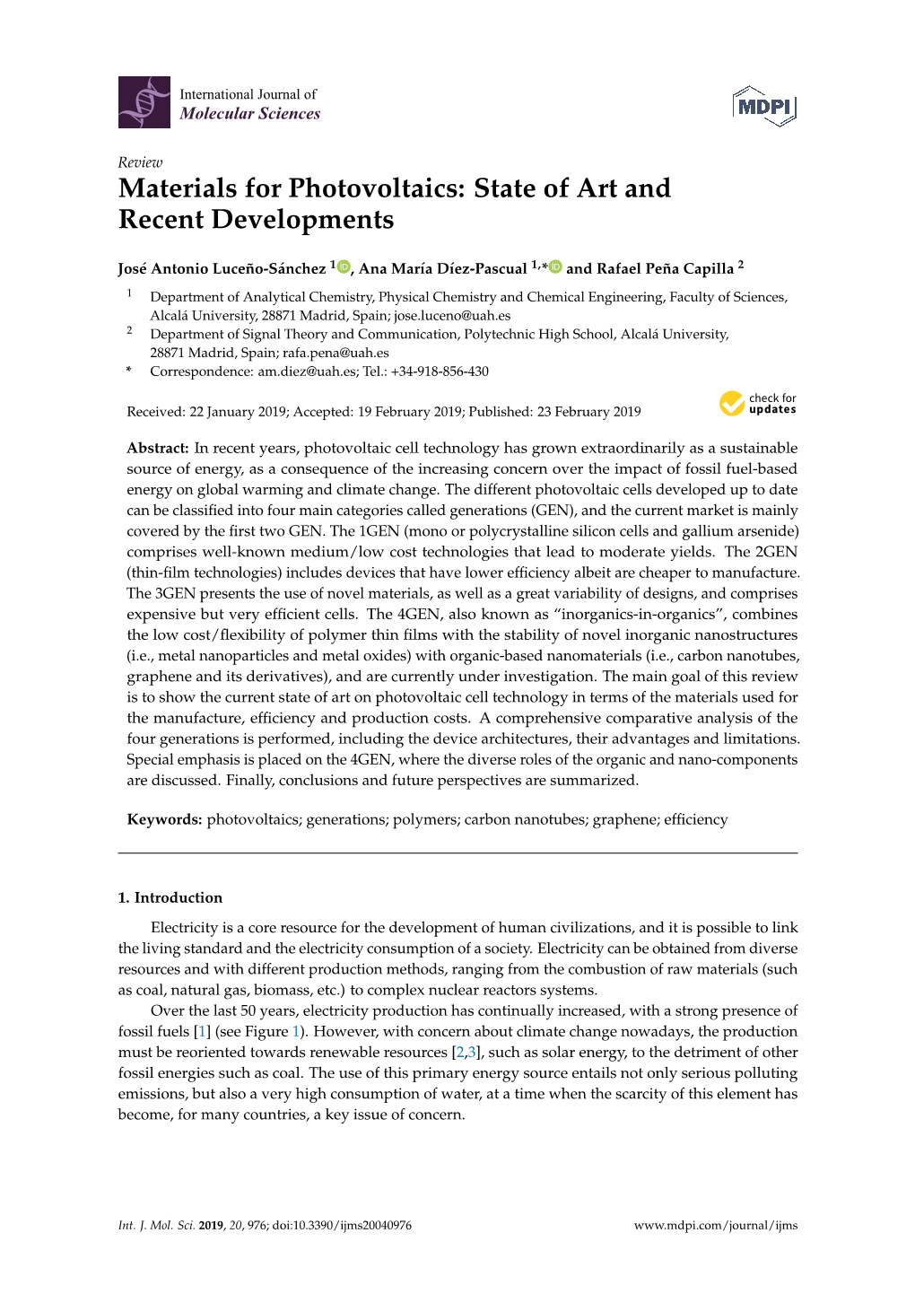 Materials for Photovoltaics: State of Art and Recent Developments